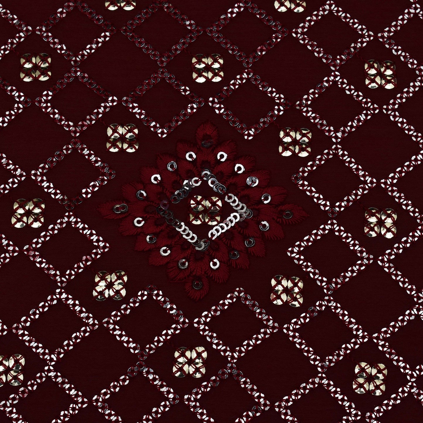 Maroon Color Chinon Embroidery Fabric