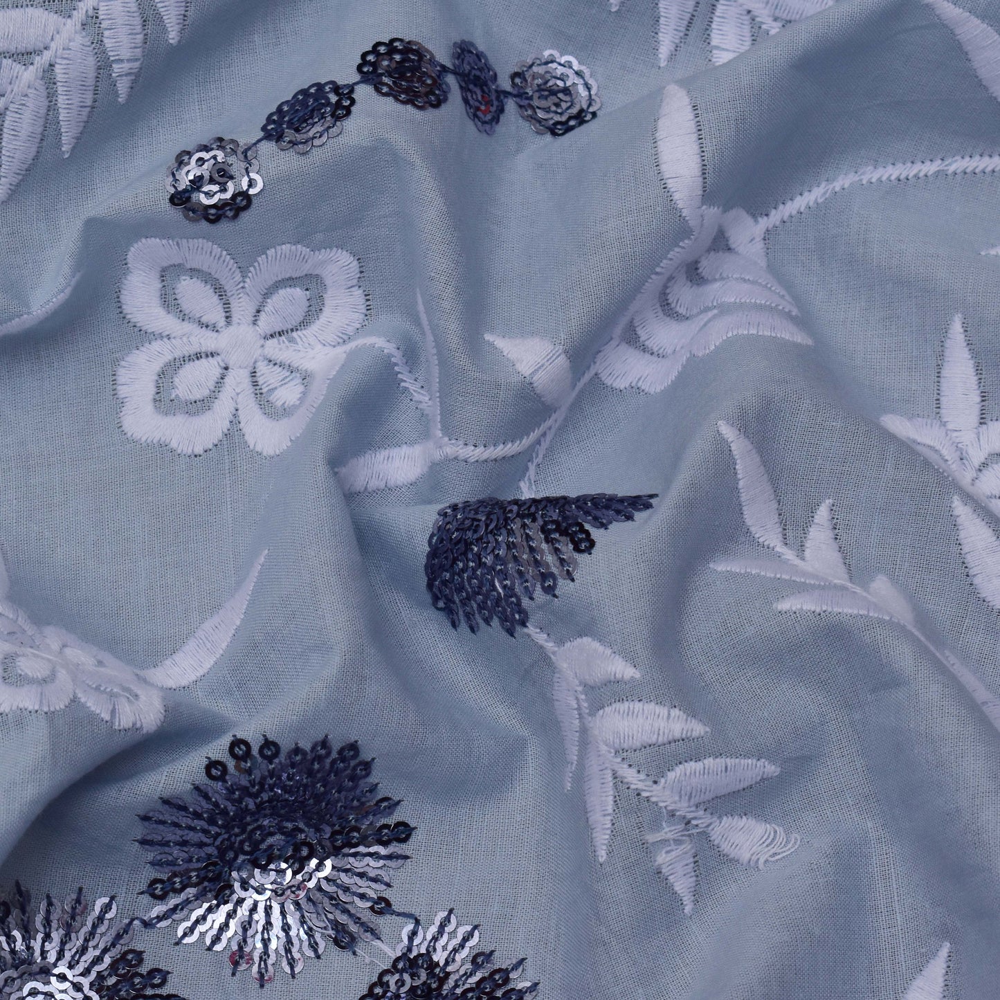 Grey Color Cotton Embroidery Fabric