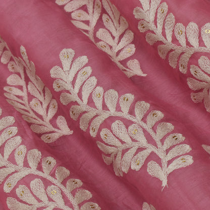 Pink Color Chanderi Silk Embroidery Fabric