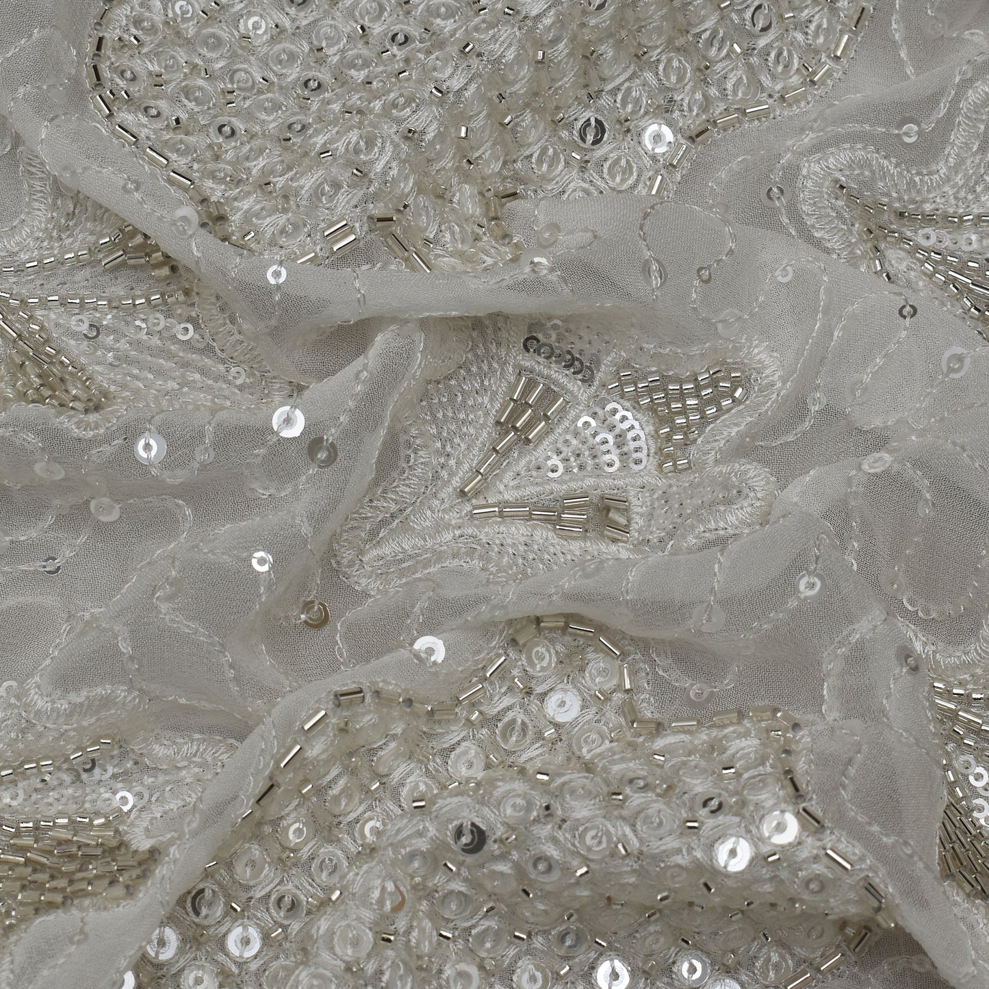 White Color Georgette Sequins Embroidery Fabric