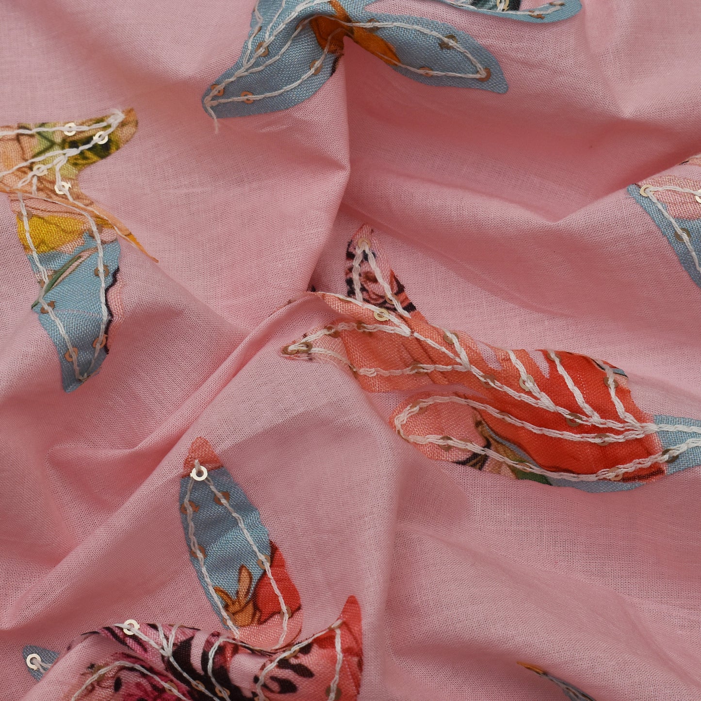 Pink Color Cotton Print Embroidery Fabric