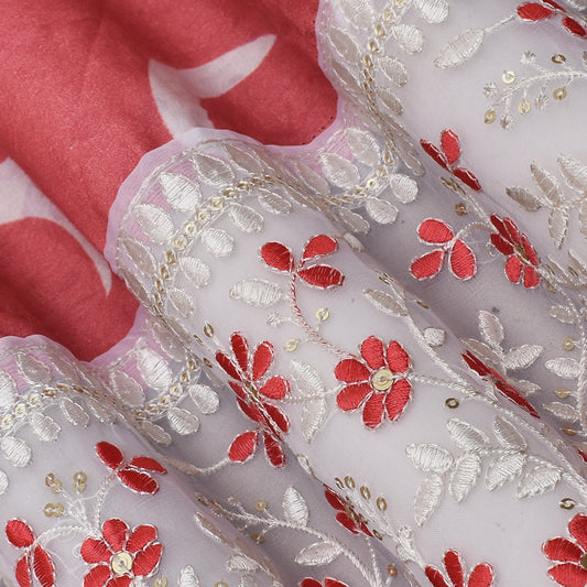 Gajri Color Mulmul Print Border Embroidery Fabric