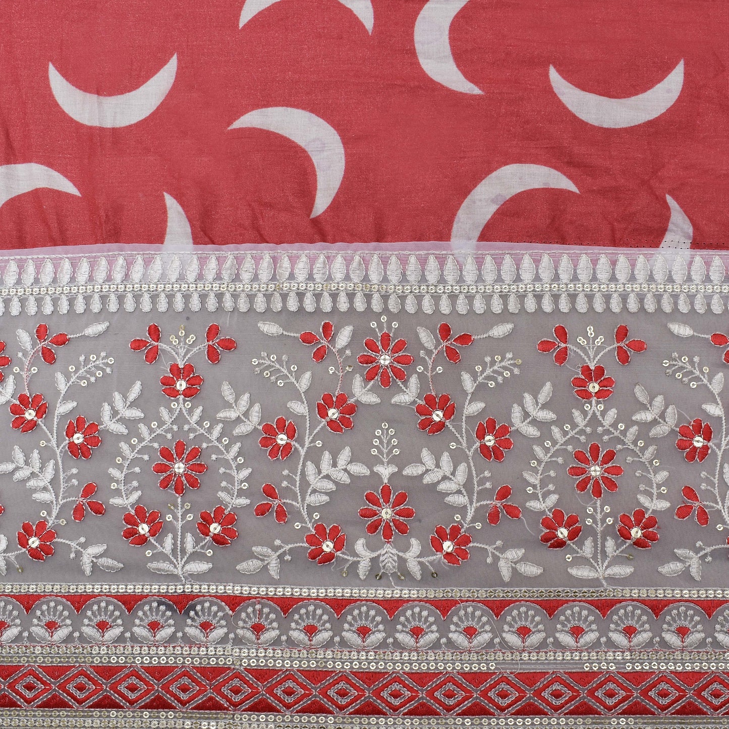 Gajri Color Mulmul Print Border Embroidery Fabric