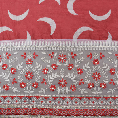 Gajri Color Mulmul Print Border Embroidery Fabric