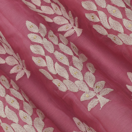 Pink Color Chanderi Silk Embroidery Fabric