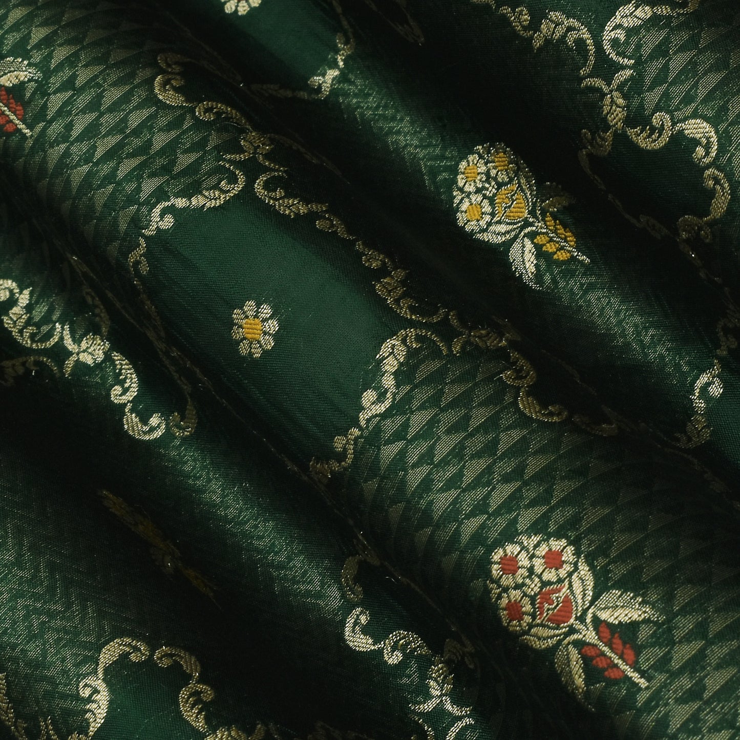 Bottle Green Color Katan Meena Brocade Fabric