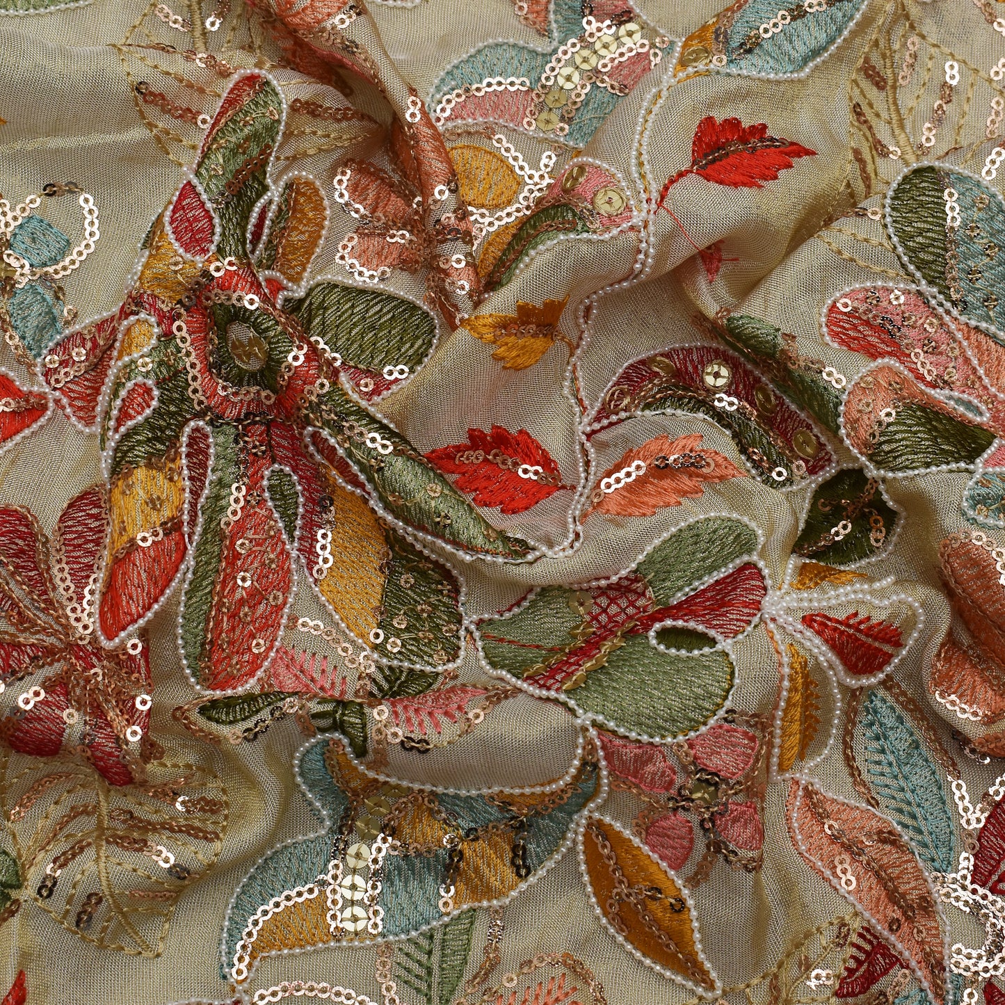 Beige Color Tissue Embroidery Fabric