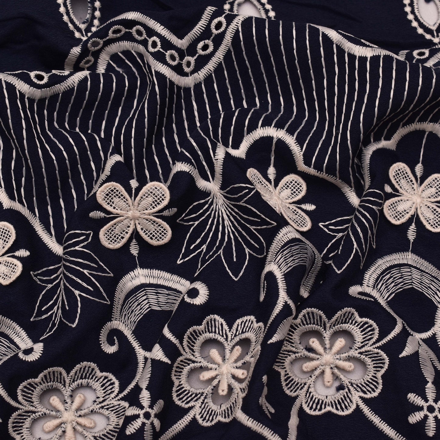 Navy Blue Color Crepe Embroidery Fabric