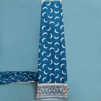 Blue Color Mulmul Print Border Embroidery Fabric