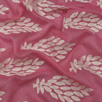 Pink Color Chanderi Silk Embroidery Fabric