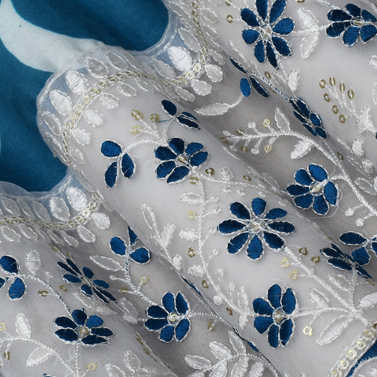 Blue Color Mulmul Print Border Embroidery Fabric