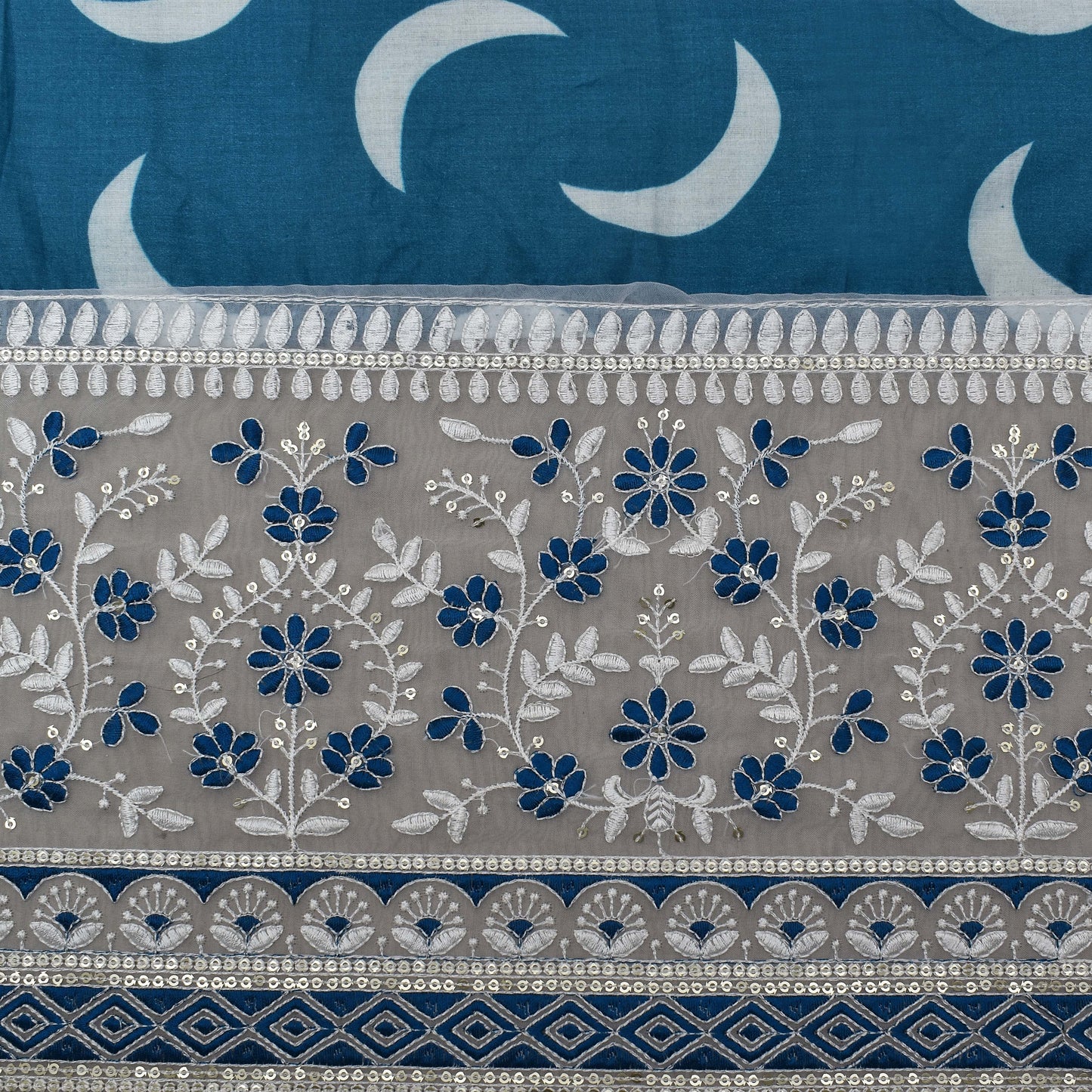 Blue Color Mulmul Print Border Embroidery Fabric