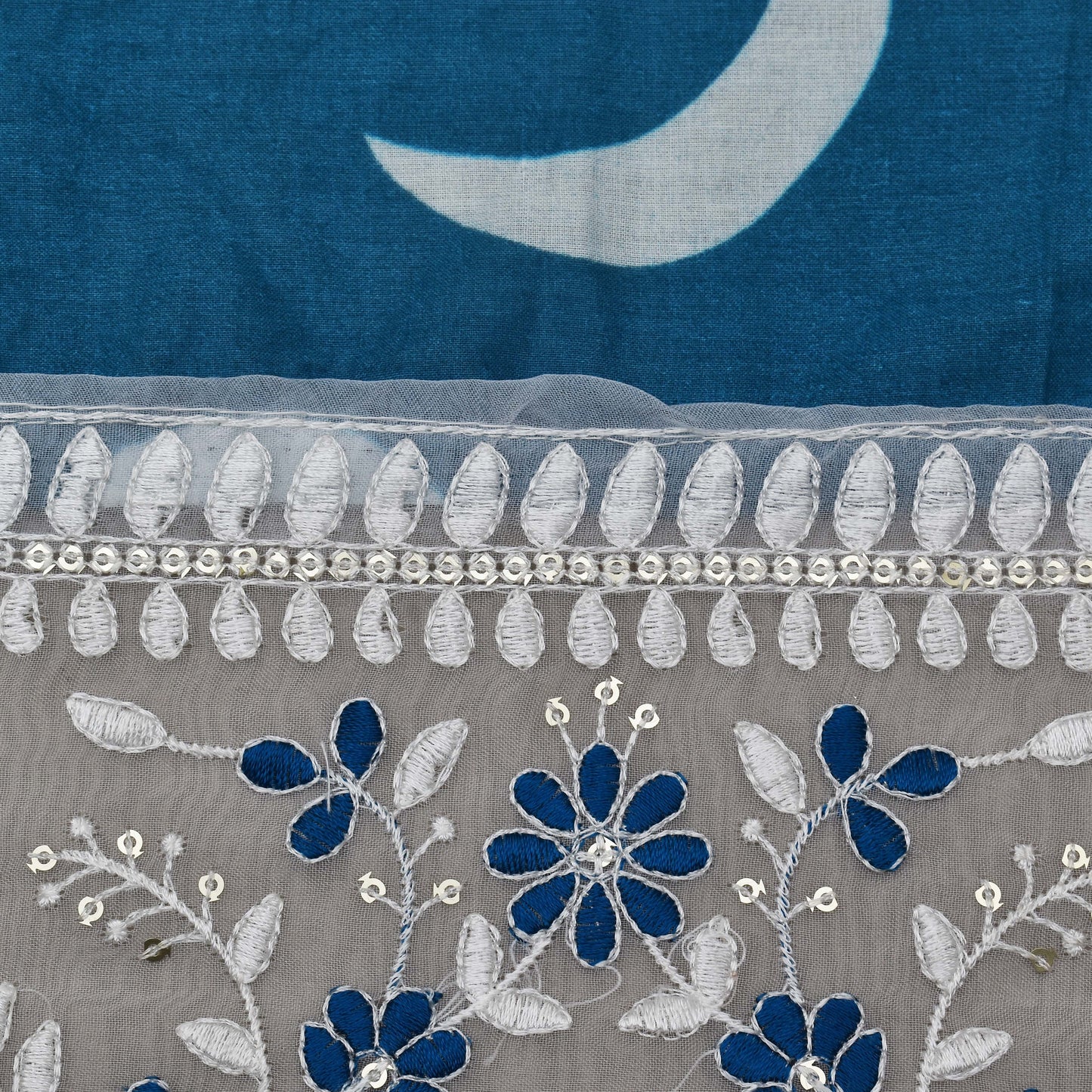 Blue Color Mulmul Print Border Embroidery Fabric