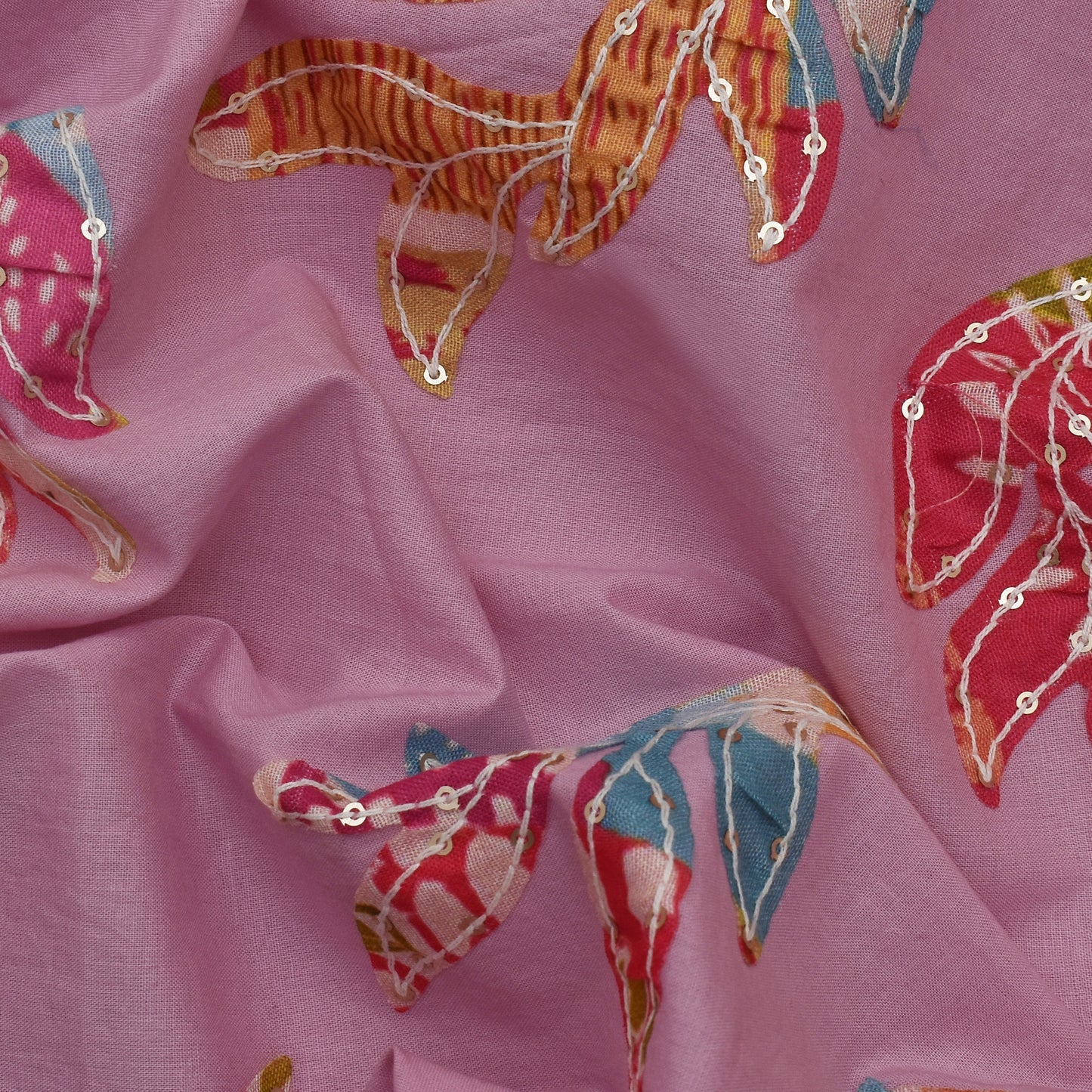 Pink Color Cotton Print Embroidery Fabric