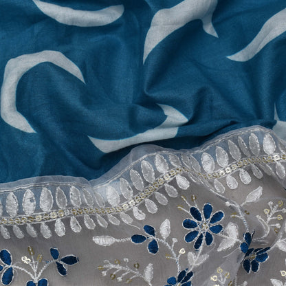 Blue Color Mulmul Print Border Embroidery Fabric