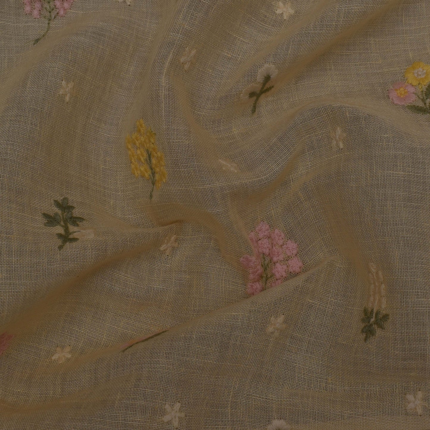 Beige Color Linen Embroidery Fabric