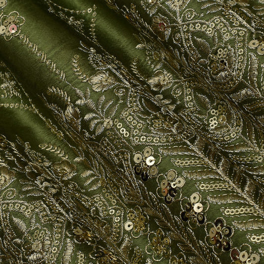 Mehndi Green Color Gajji Silk Embroidery Fabric (Cut Pieces 1Mtr)