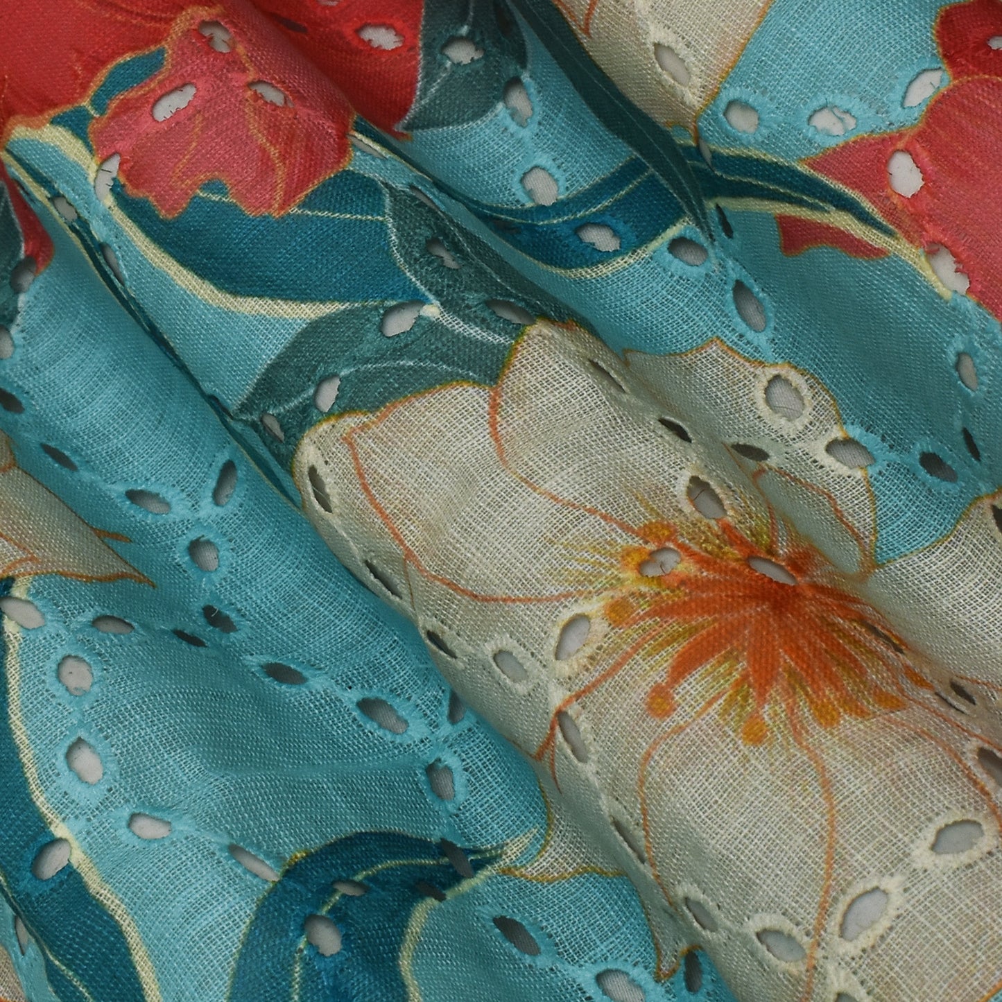 Multi Color Linen Print Cutwork Fabric