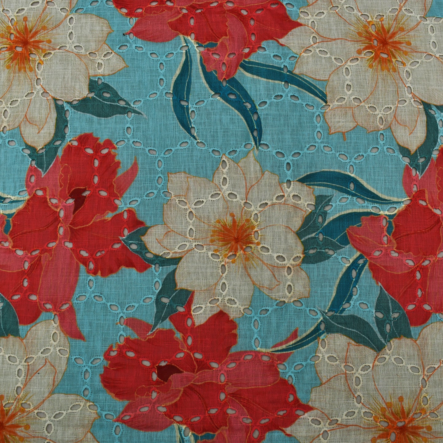 Multi Color Linen Print Cutwork Fabric