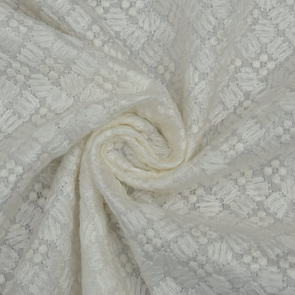 White Color Slub Silk Embroidery Fabric