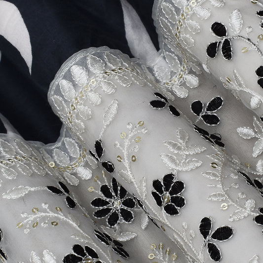 Grey Color Mulmul Print Border Embroidery Fabric