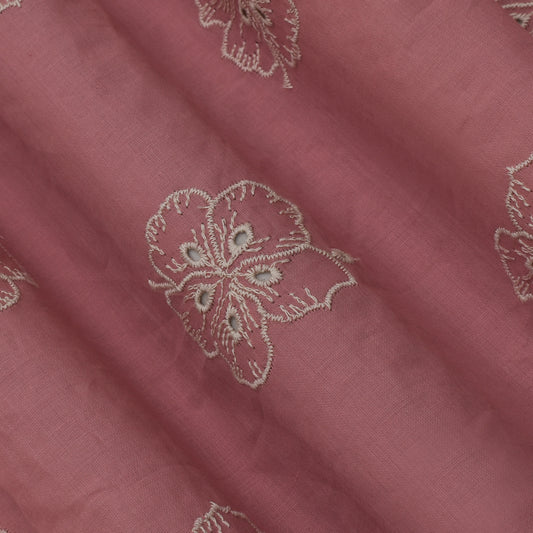 Pink Color Cotton Chikan Embroidery Fabric