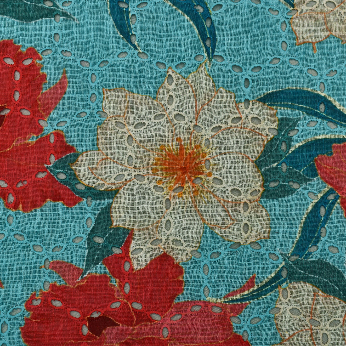 Multi Color Linen Print Cutwork Fabric