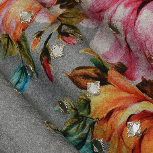 Chinon Chiffon Print Mirror Work Fabric