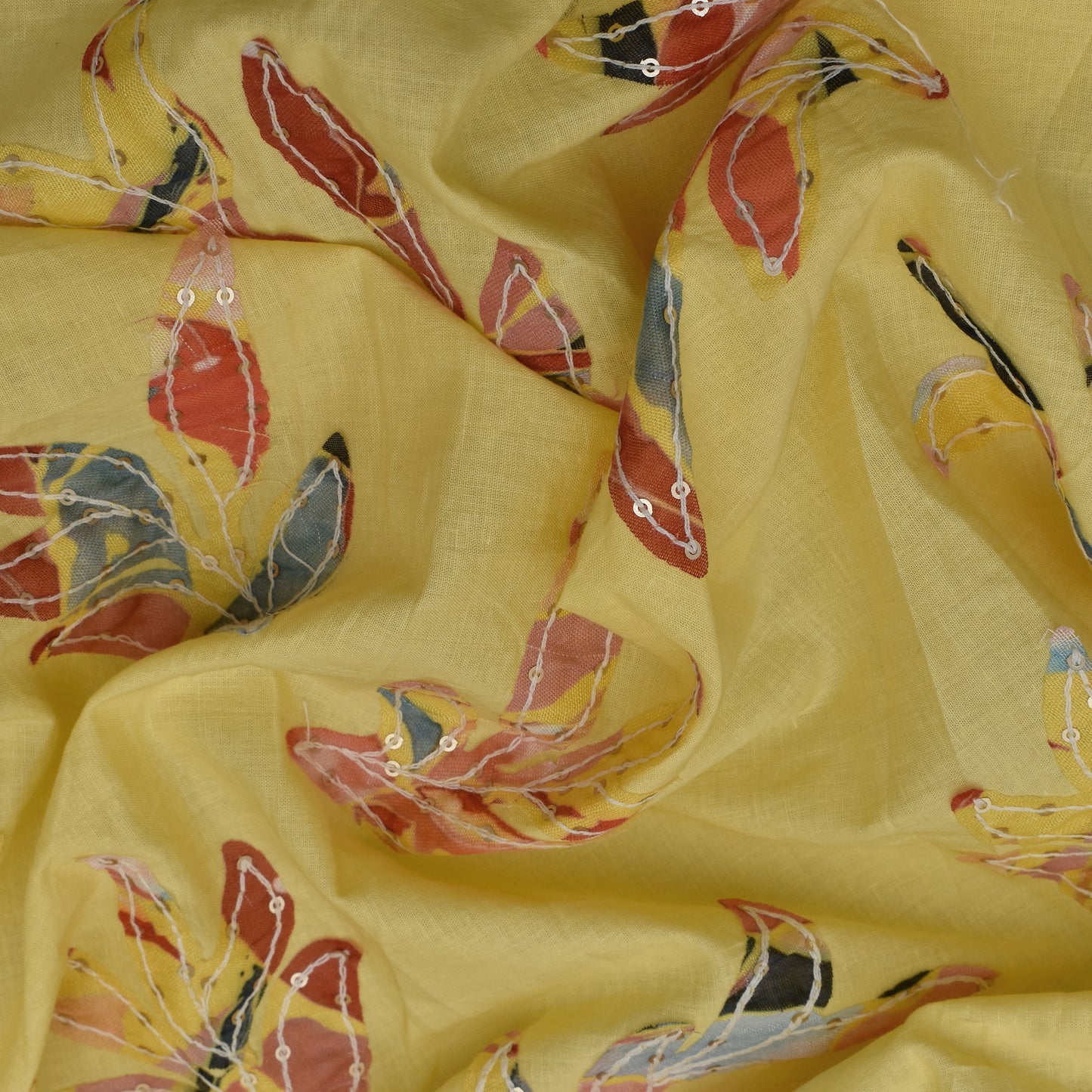 Yellow Color Cotton  Print Embroidery Fabric