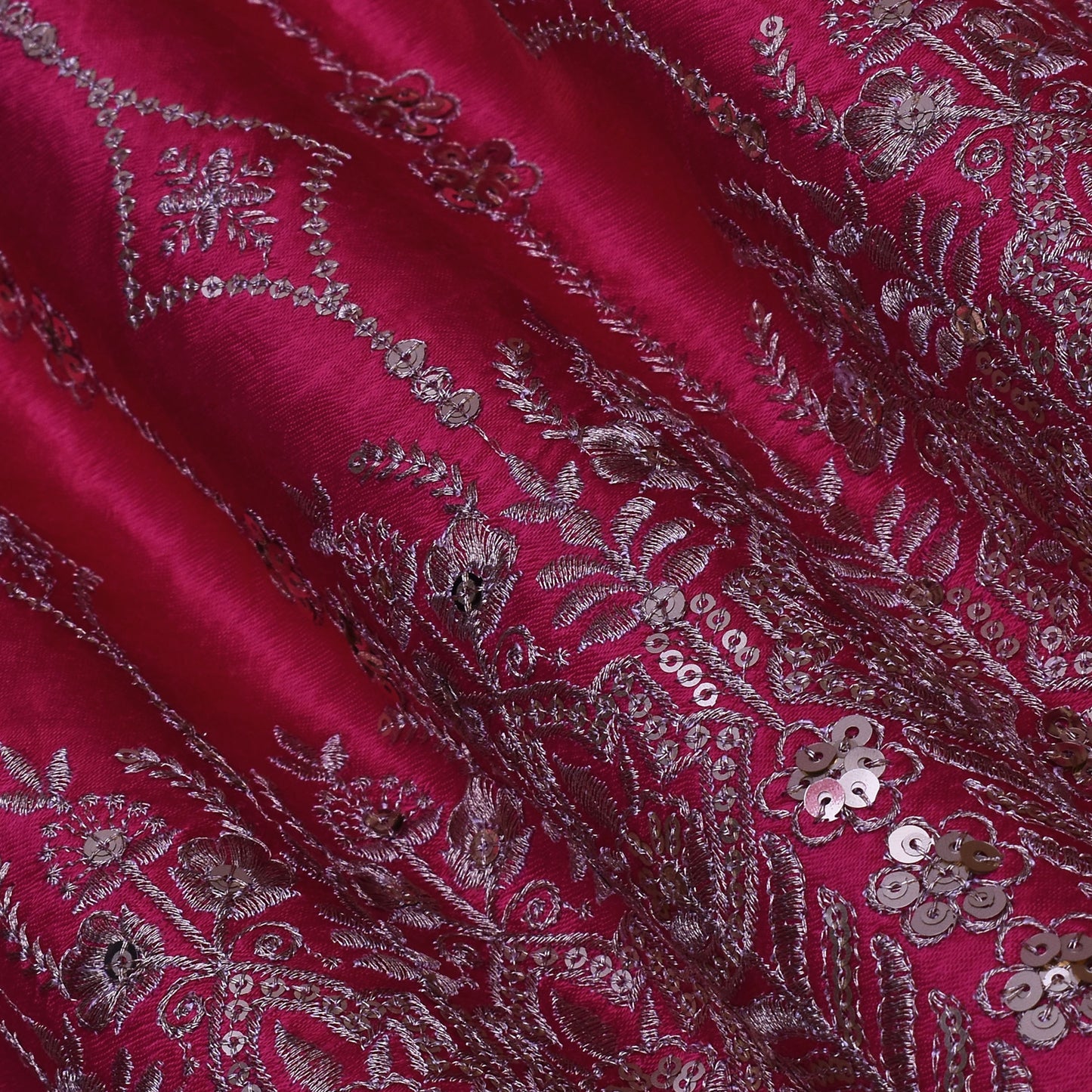 Hot Pink Color Gajji Silk Embroidery Fabric