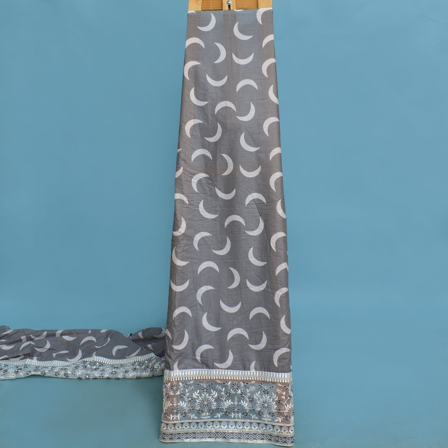 Grey Color Mulmul Print Border Embroidery Fabric
