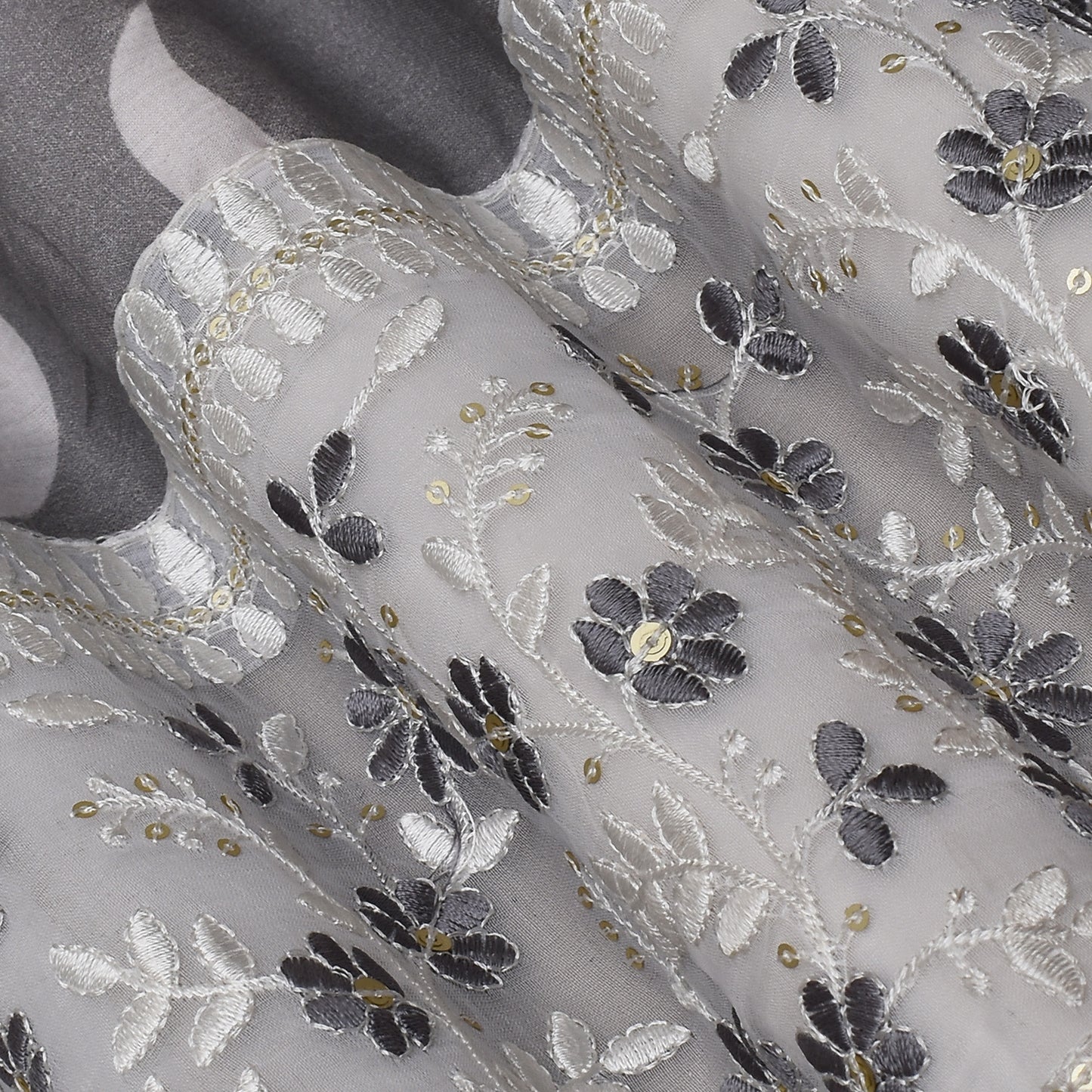 Grey Color Mulmul Print Border Embroidery Fabric