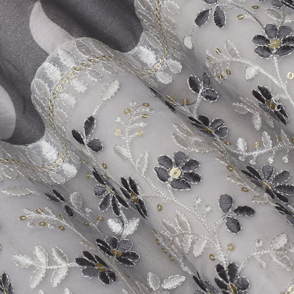 Grey Color Mulmul Print Border Embroidery Fabric
