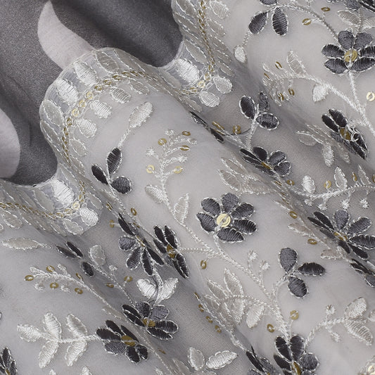 Grey Color Mulmul Print Border Embroidery Fabric