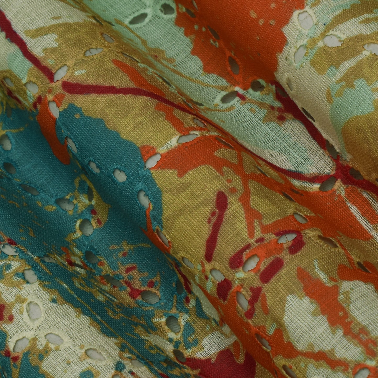 Multi Color Linen Print Cutwork Fabric