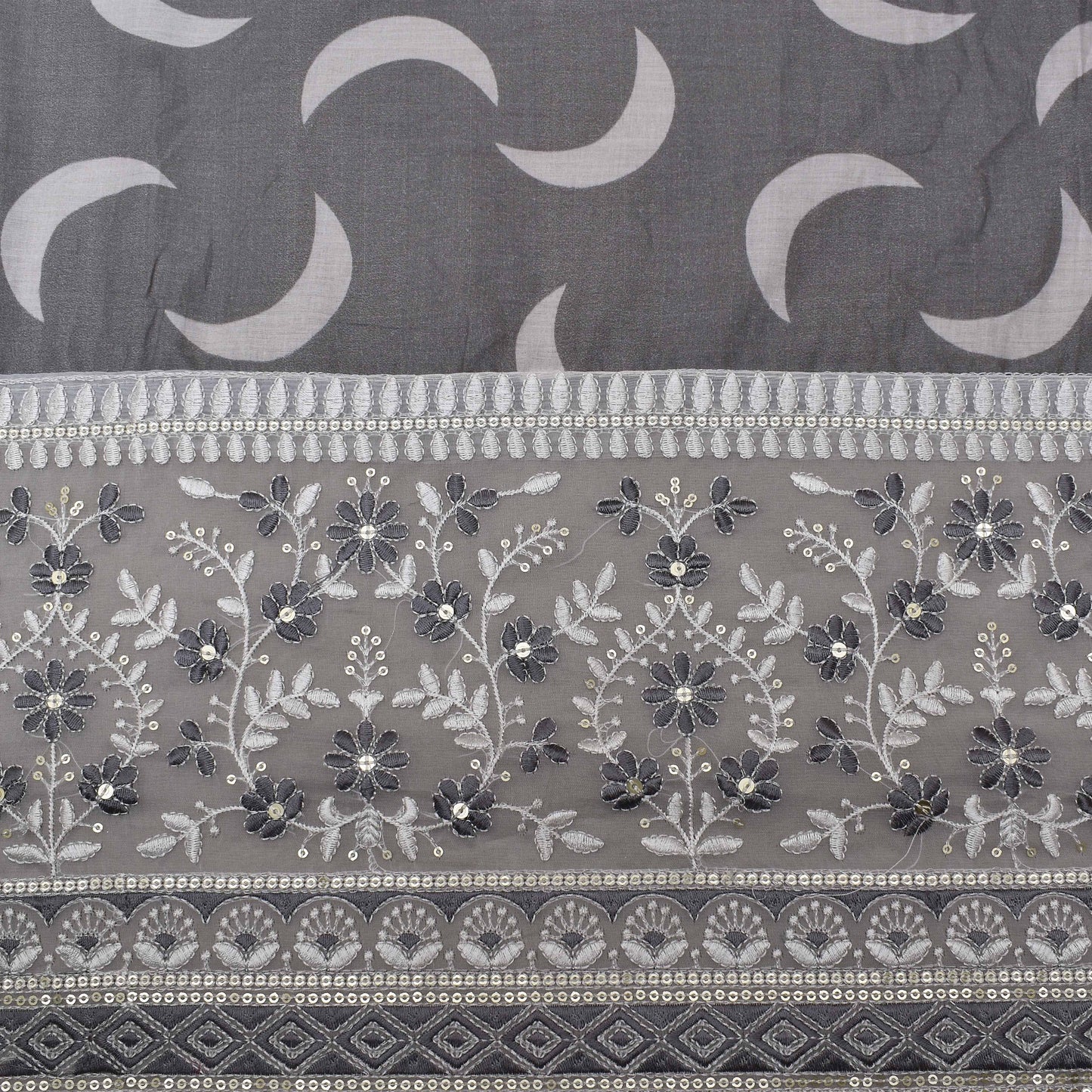 Grey Color Mulmul Print Border Embroidery Fabric