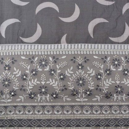 Grey Color Mulmul Print Border Embroidery Fabric