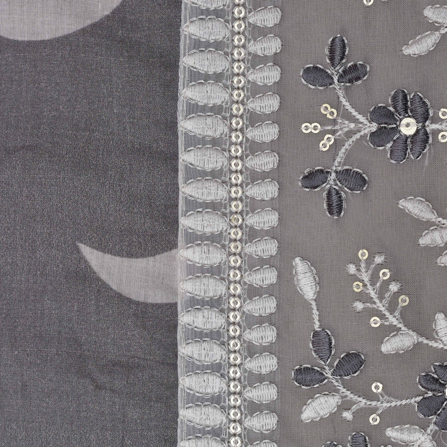 Grey Color Mulmul Print Border Embroidery Fabric