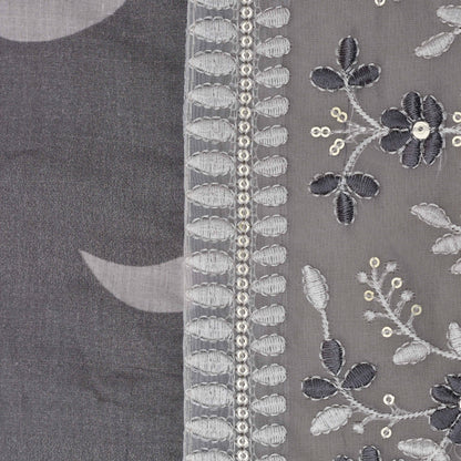 Grey Color Mulmul Print Border Embroidery Fabric