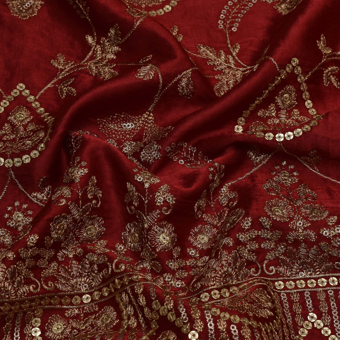 Rust Red Color Gajji Silk Embroidery Fabric