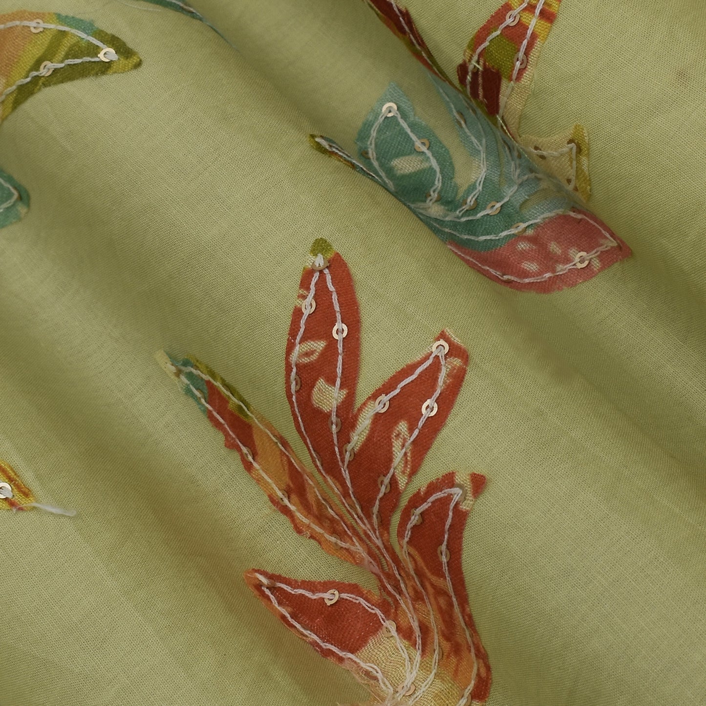 Pista Green Color Cotton Print Embroidery Fabric