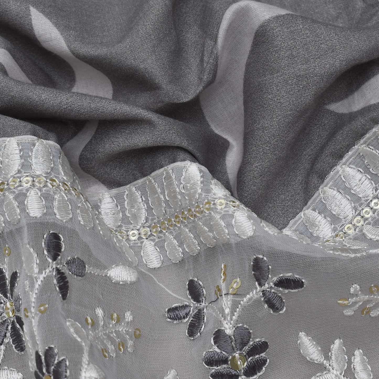 Grey Color Mulmul Print Border Embroidery Fabric
