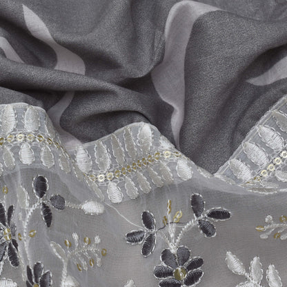 Grey Color Mulmul Print Border Embroidery Fabric