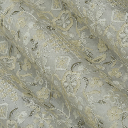 White Color Slub Silk Embroidery Fabric