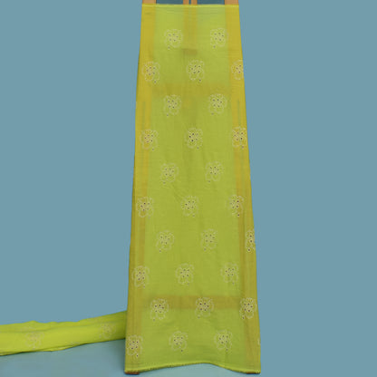 Parrot Green Color Cotton Chikan Embroidery Fabric