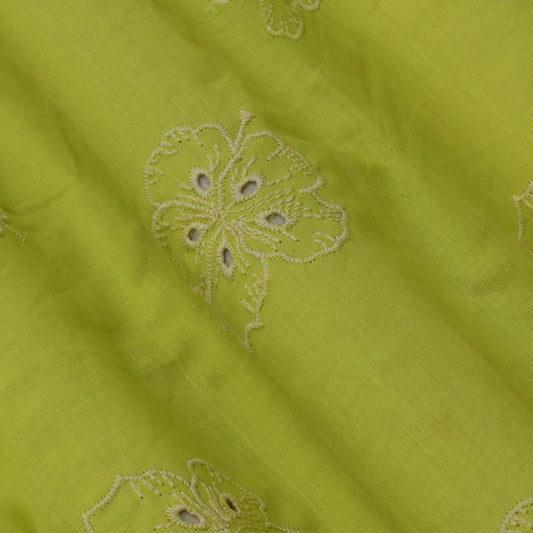 Parrot Green Color Cotton Chikan Embroidery Fabric