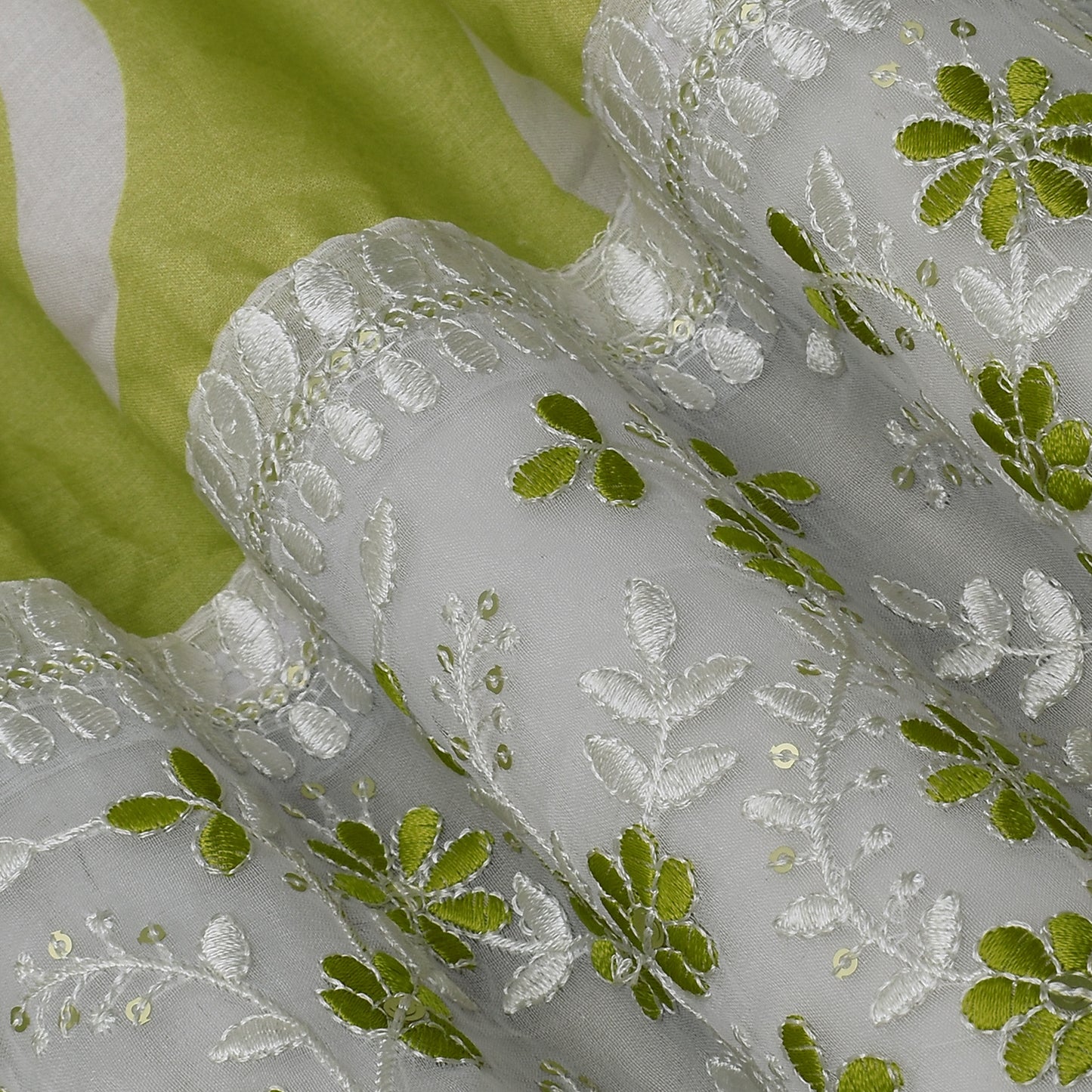 Mehndi Green Color Mulmul Print Border Embroidery Fabric