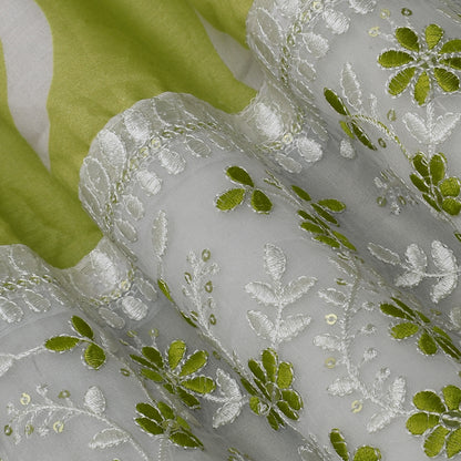 Mehndi Green Color Mulmul Print Border Embroidery Fabric