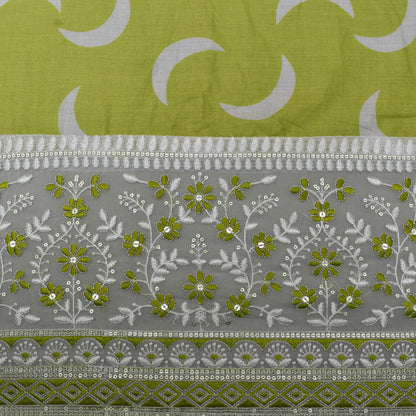 Mehndi Green Color Mulmul Print Border Embroidery Fabric