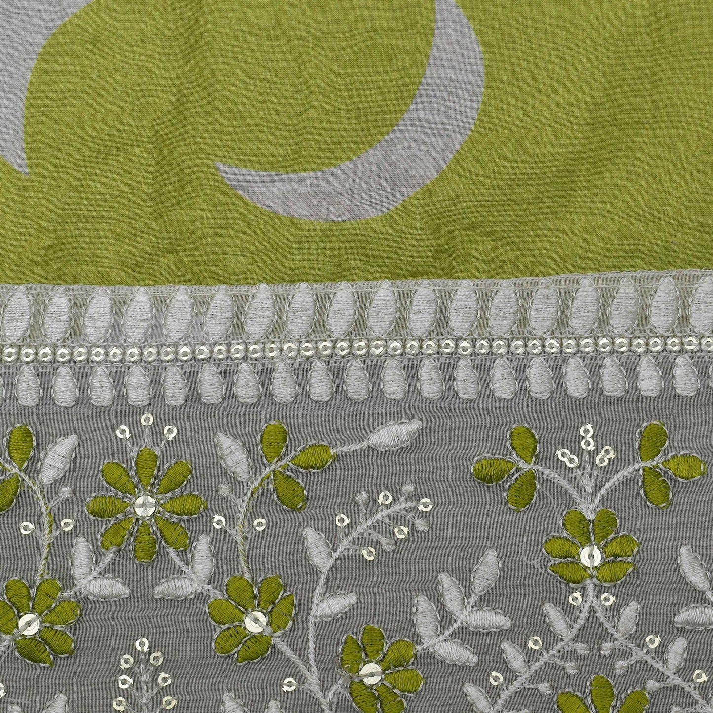 Mehndi Green Color Mulmul Print Border Embroidery Fabric